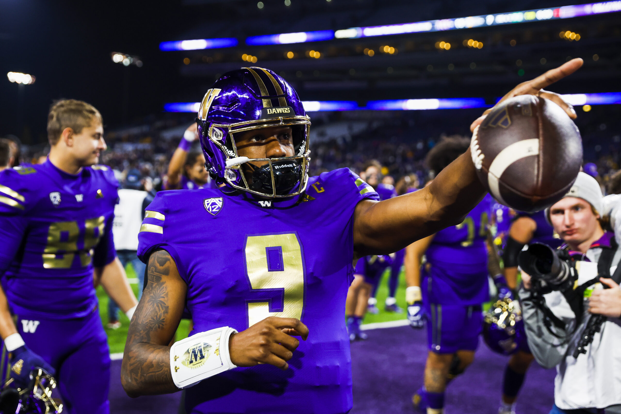 Michael Penix Jr. points to the crowd after a win.