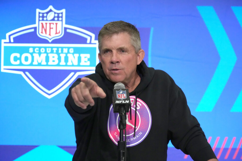 Broncos coach Sean Payton points at a reporter during NFL Combine press conference