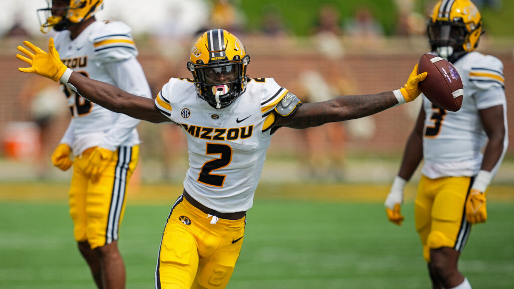 Missouri cornerback Ennis Rakestraw celebrates incompletion