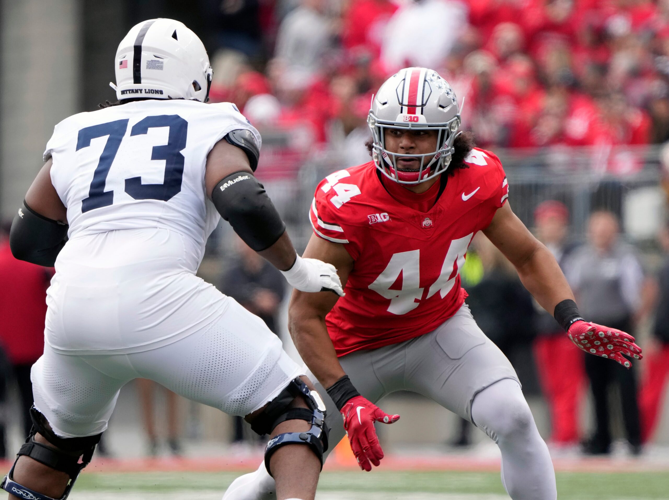 Penn State RT Caedan Wallace looks to block an Ohio State player