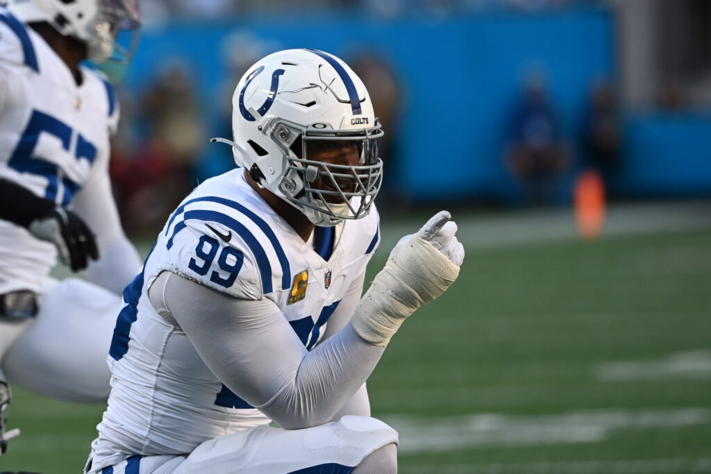 Indianapolis Colts defensive tackle DeForest Buckner (99) reacts in the first quarter at Bank of America Stadium. 