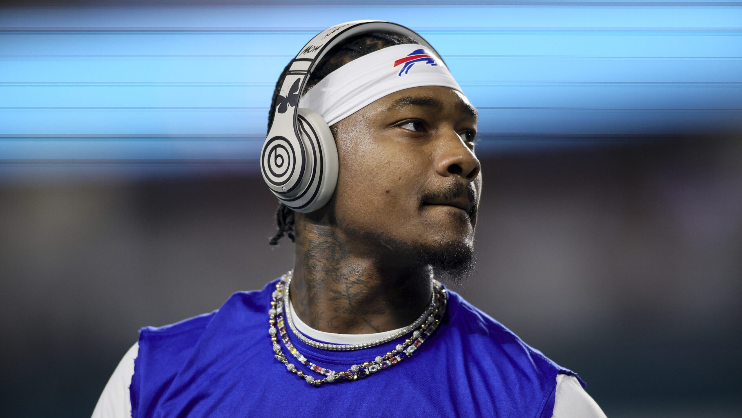 Stefon Diggs looks to his left during pregame without his helmet