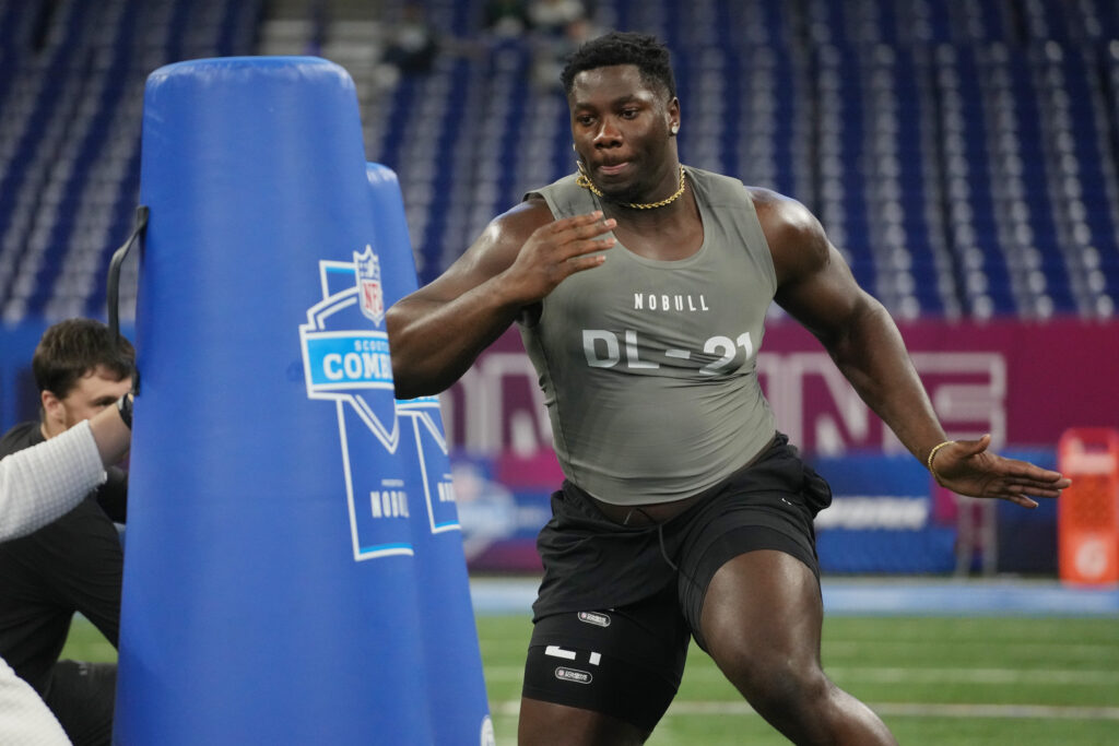 Clemson defensive lineman Ruke Orhorhoro runs drills at the Combine