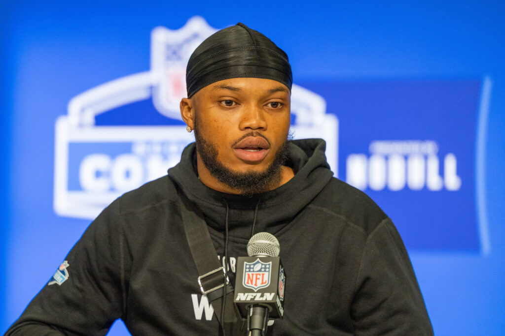 Troy Franklin at the podium at the NFL Combine