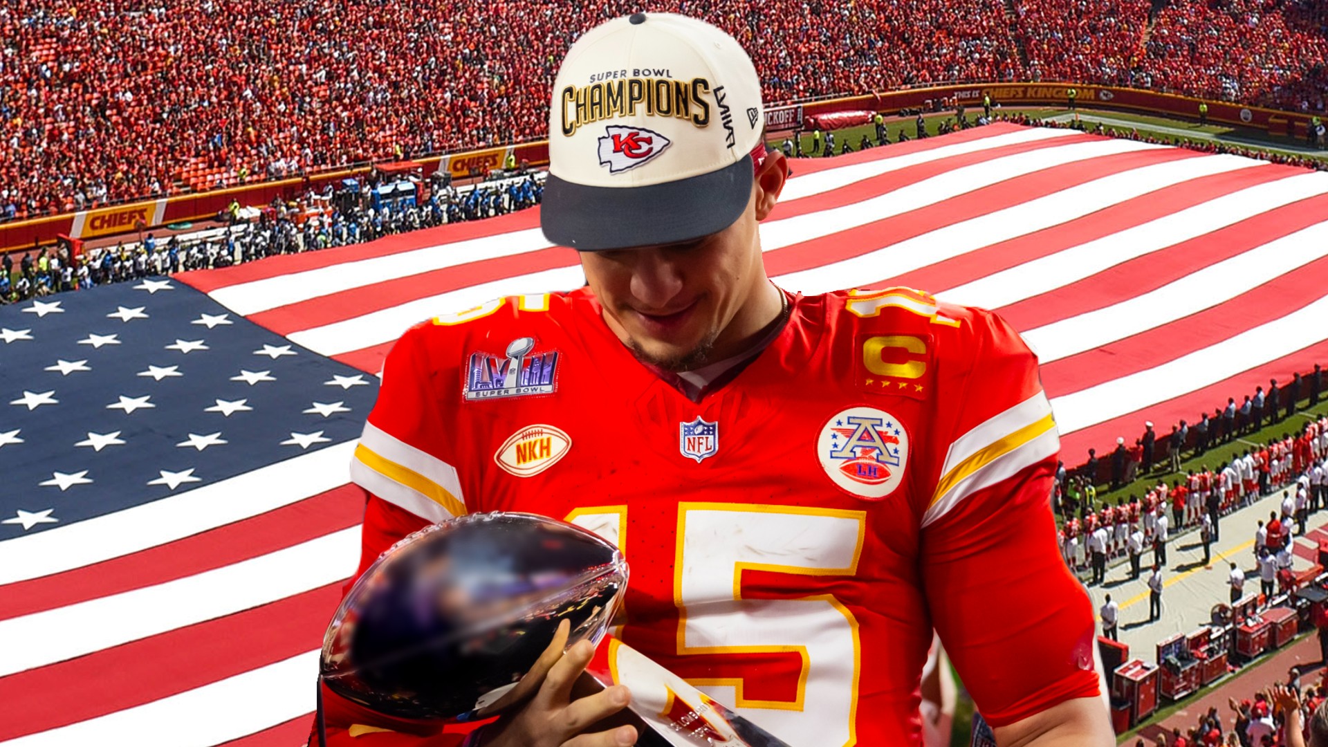 Specialty image of Patrick Mahomes holding the Lombardi Trophy in front of the U.S. flag