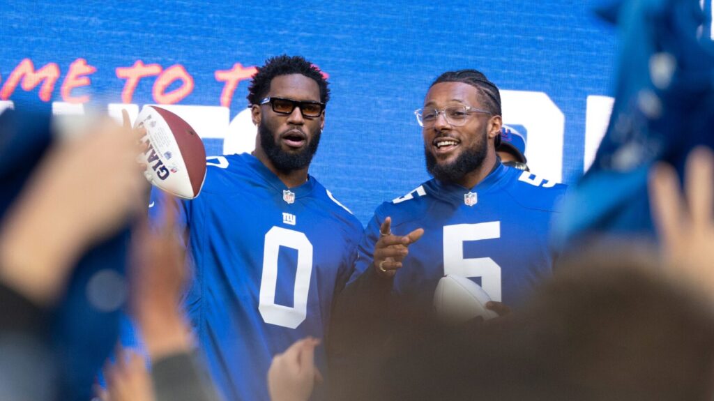 New York Giants defensive players Brian Burns, left, and Kayvon Thibodeaux