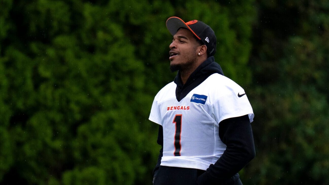 Ja'Marr Chase shown at training camp walking without a helmet