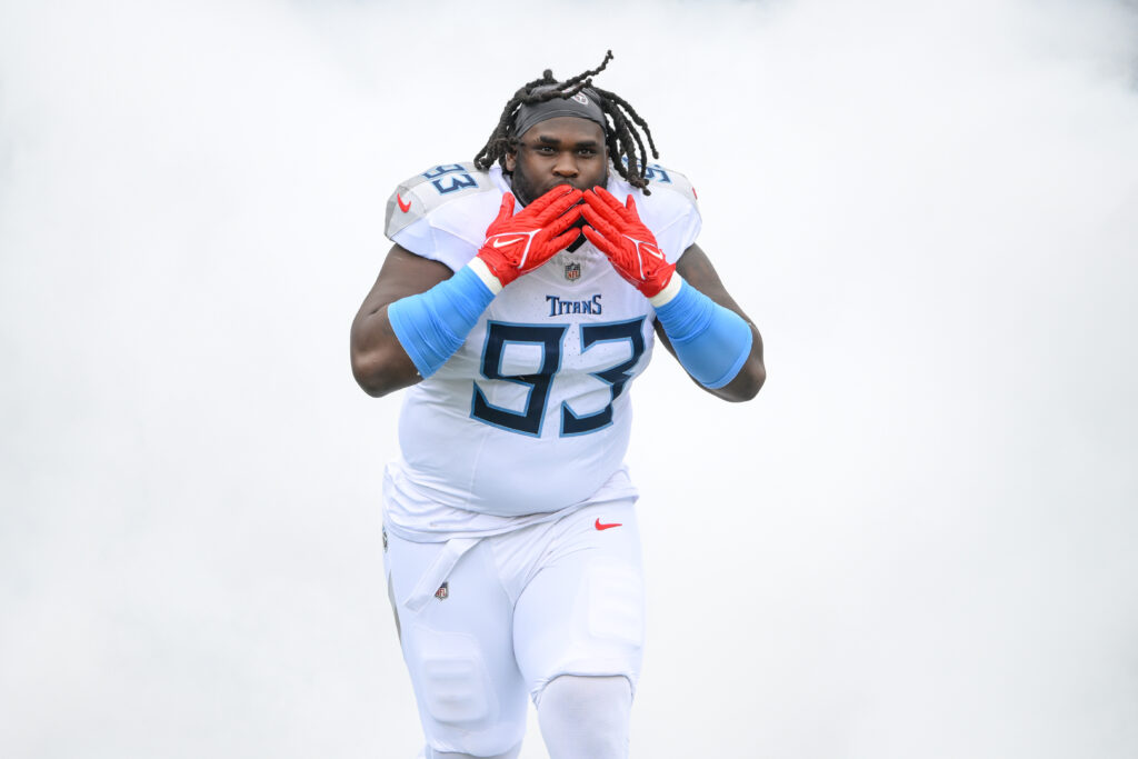 Tennessee Titans defensive tackle T'Vondre Sweat (93) takes the field against the New York Jets during the first half at Nissan Stadium. 