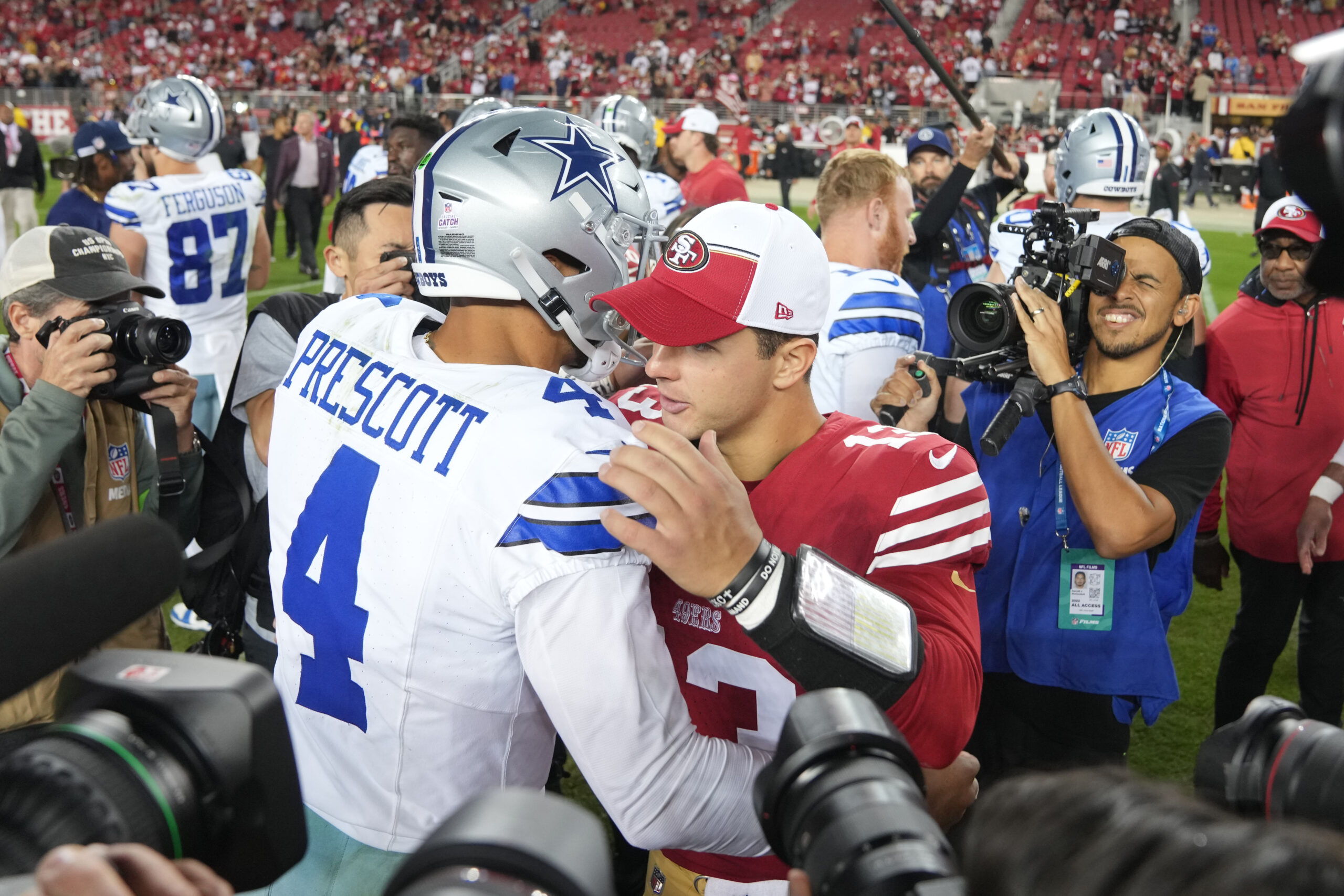 Dallas Cowboys quarterback Dak Prescott and San Francisco 49ers quarterback Brock Purdy