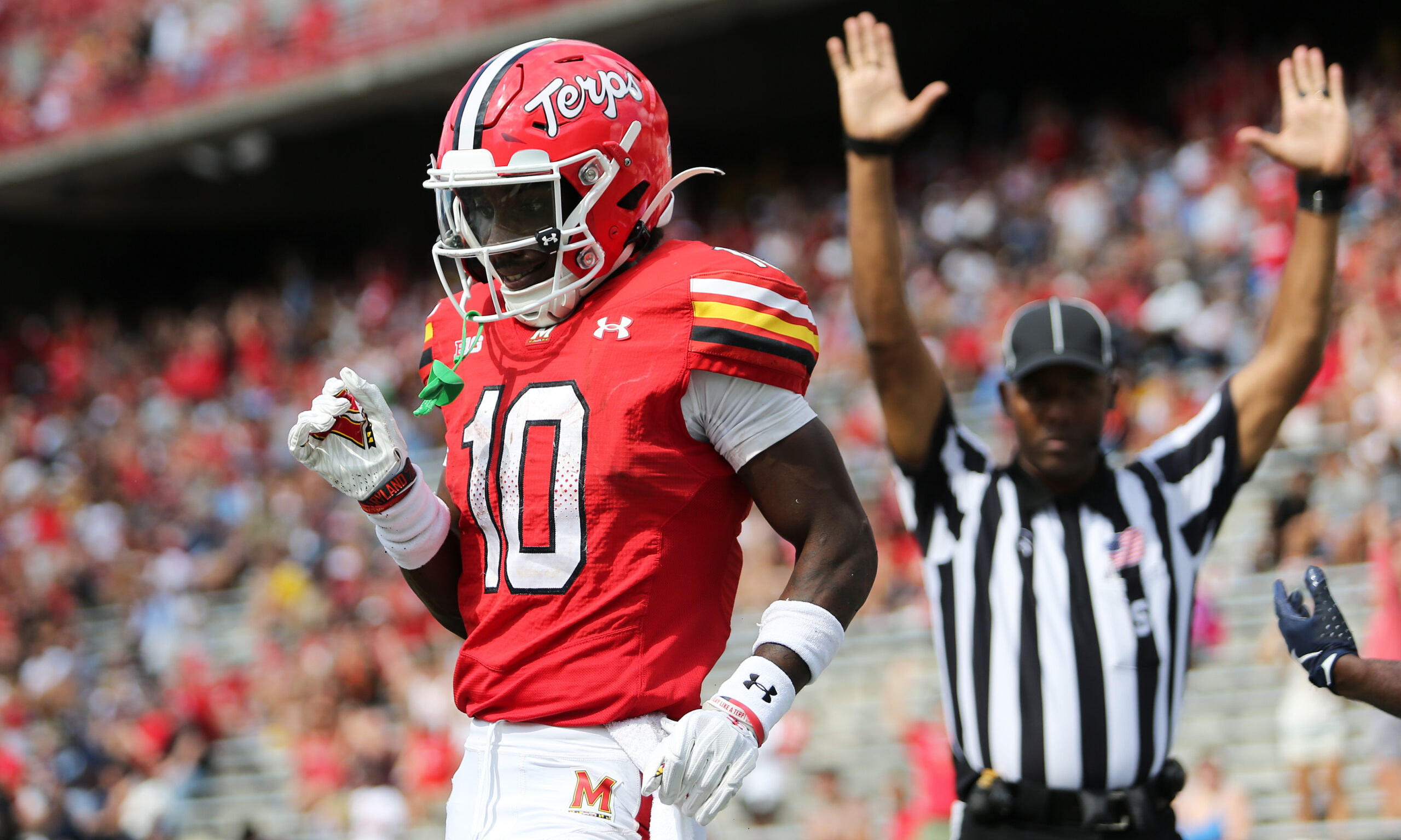 Maryland Terrapins wide receiver Tai Felton (10) celebrates after scoring a touchdown against the Villanova Wildcats during the third quarter at SECU Stadium.