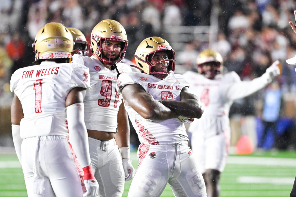 Boston College Eagles defensive end Donovan Ezeiruaku (6) reacts to his sack against the Michigan State Spartans during the second half at Alumni Stadium. Eric Canha-Imagn Images.