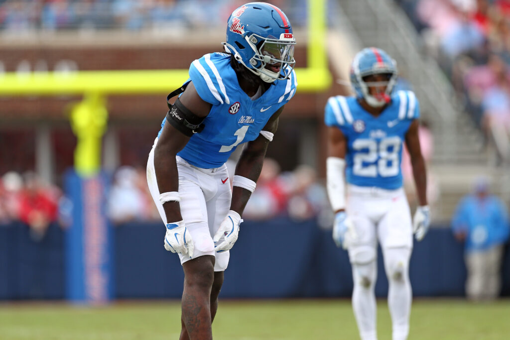 Mississippi Rebels defensive linemen Princely Umanmielen (1) waits for the snap during the first half against the Kentucky Wildcats.