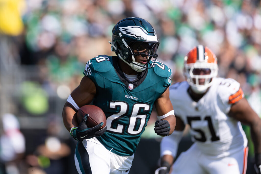 Philadelphia Eagles running back Saquon Barkley (26) runs with the ball against the Cleveland Browns during the first quarter at Lincoln Financial Field.
