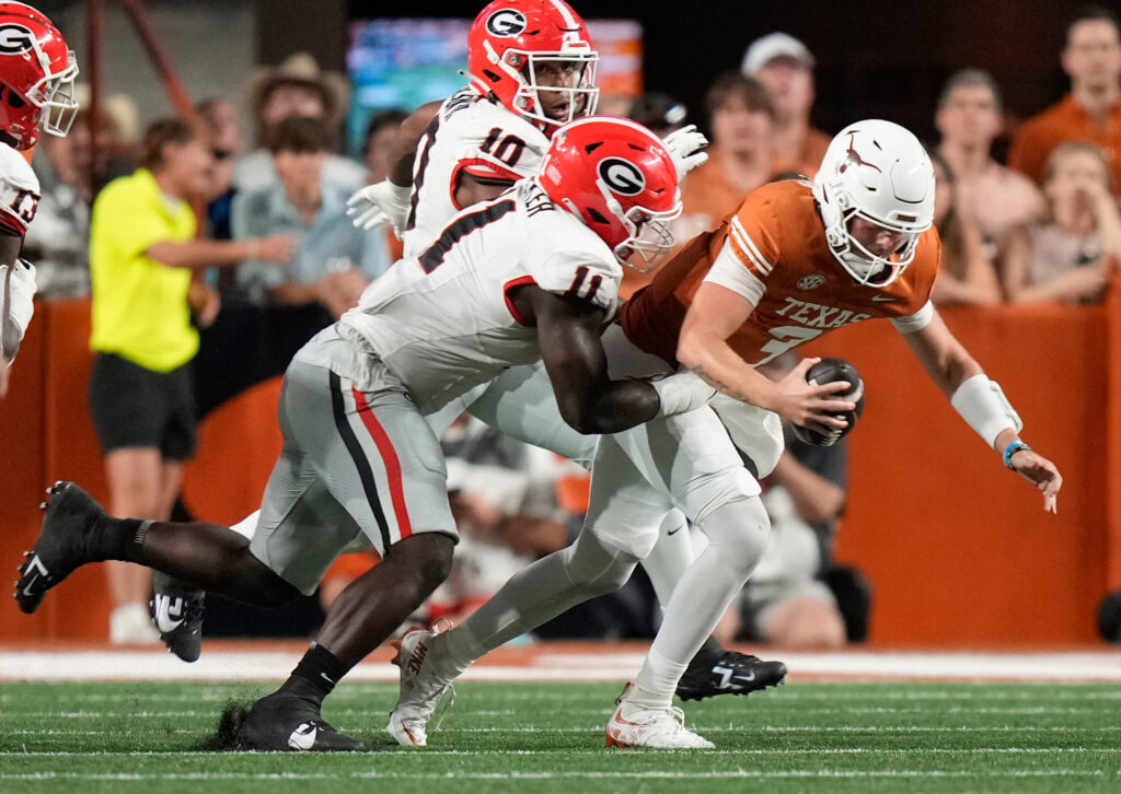 Georgia Bulldogs linebacker Jalon Walker sacks Texas Longhorns quarterback Quinn Ewers, Oct 19, 2024, at Darrell K. Royal Texas Memorial Stadium