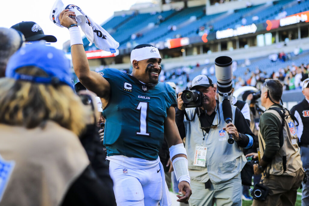 Philadelphia Eagles quarterback Jalen Hurts (1) walks off the field after the victory over the Cincinnati Bengals at Paycor Stadium.