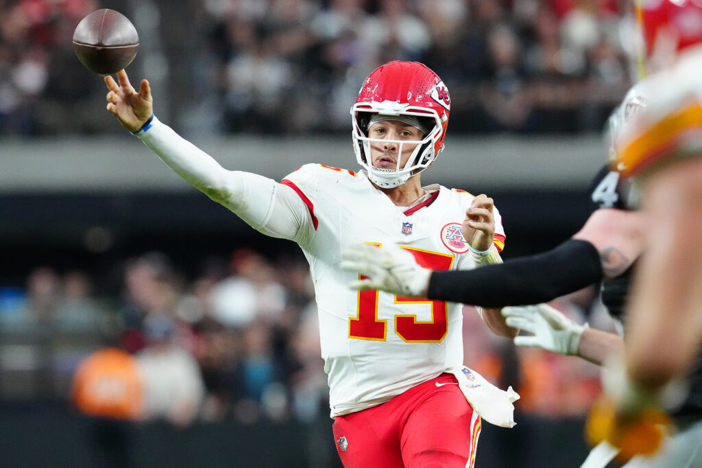 Kansas City Chiefs quarterback Patrick Mahomes makes a pass attempt against the Las Vegas Raiders during the fourth quarter at Allegiant Stadium.