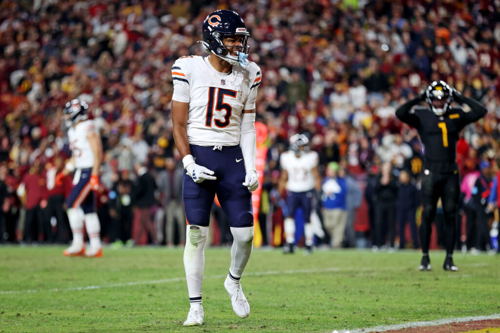 Chicago Bears wide receiver Rome Odunze (15) celebrates after a pass interference call during the fourth quarter against the Washington Commanders