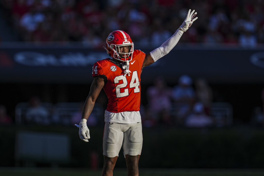 Georgia Bulldogs defensive back Malaki Starks on the field during college football game action against Mississippi State Bulldogs at Sanford Stadium
