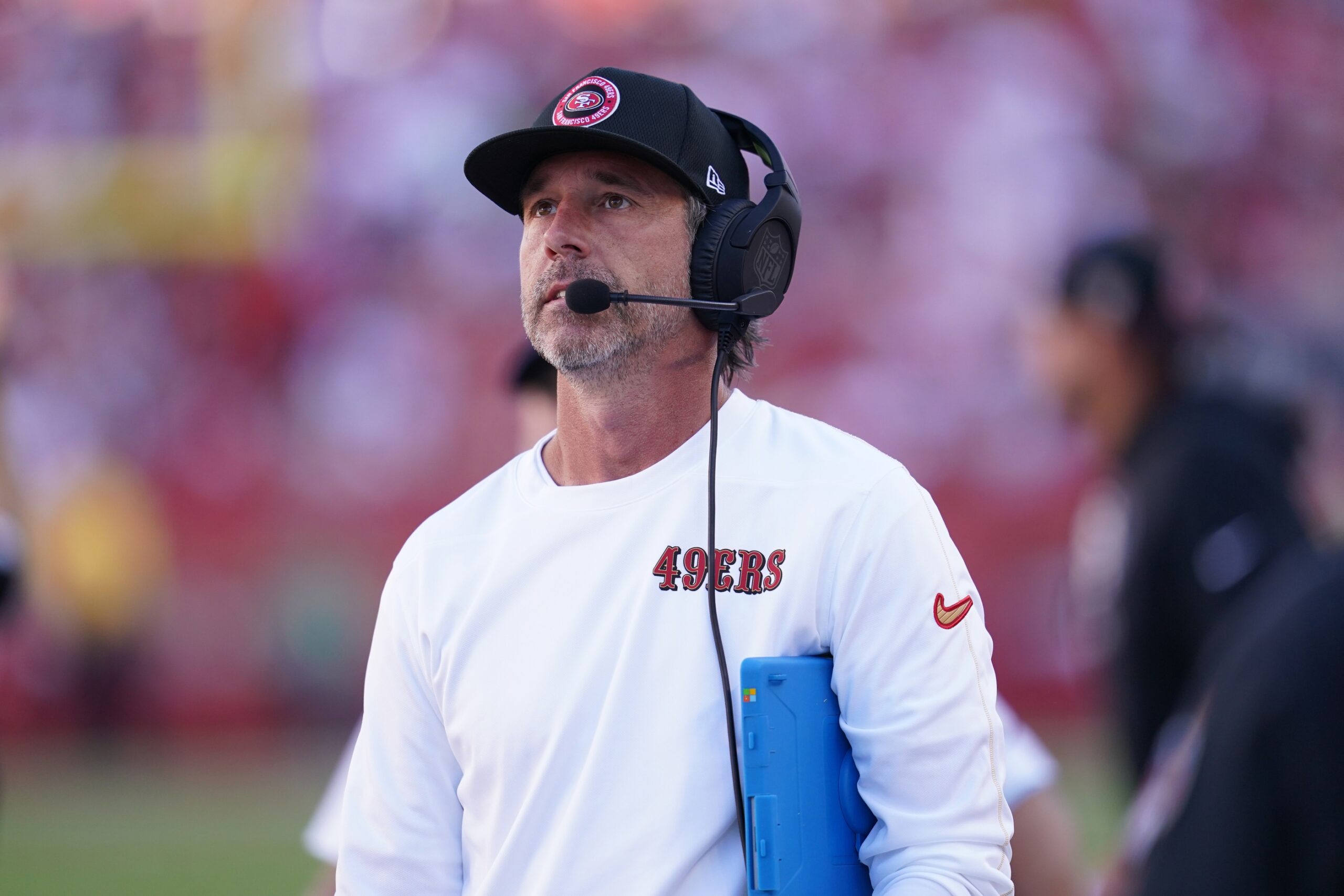 San Francisco 49ers head coach Kyle Shanahan reacts after the Kansas City Chiefs picked up a first down in the fourth quarter at Levi's Stadium.