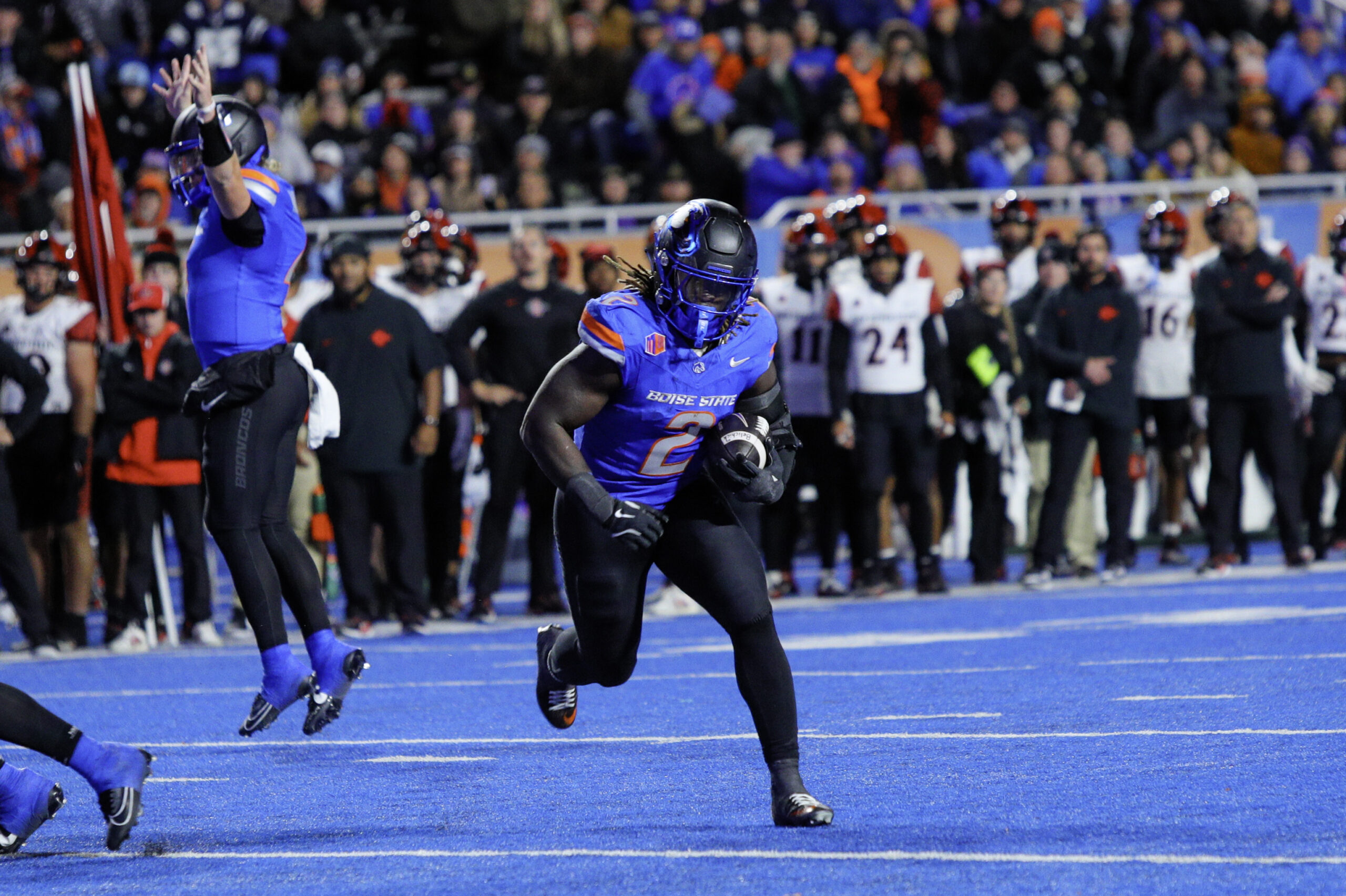 Boise State Broncos running back Ashton Jeanty (2) runs for a score during the second half against the San Diego State Aztecs at Albertsons Stadium.
