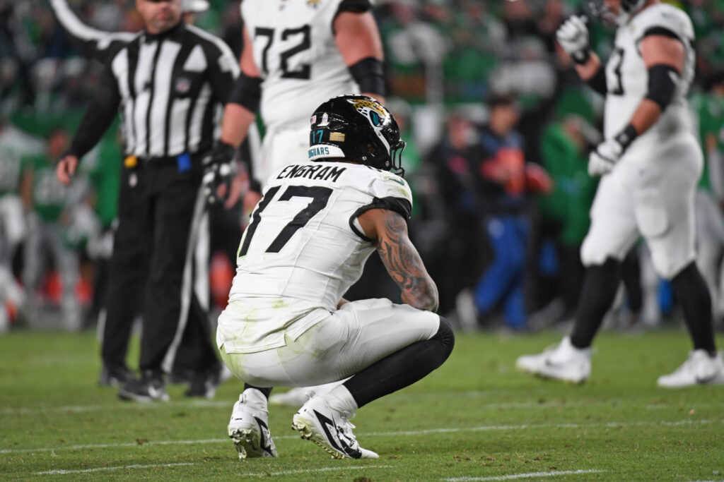 Jacksonville Jaguars tight end Evan Engram reacts after the Philadelphia Eagles made an interception in the end zone late in the fourth quarter at Lincoln Financial Field.