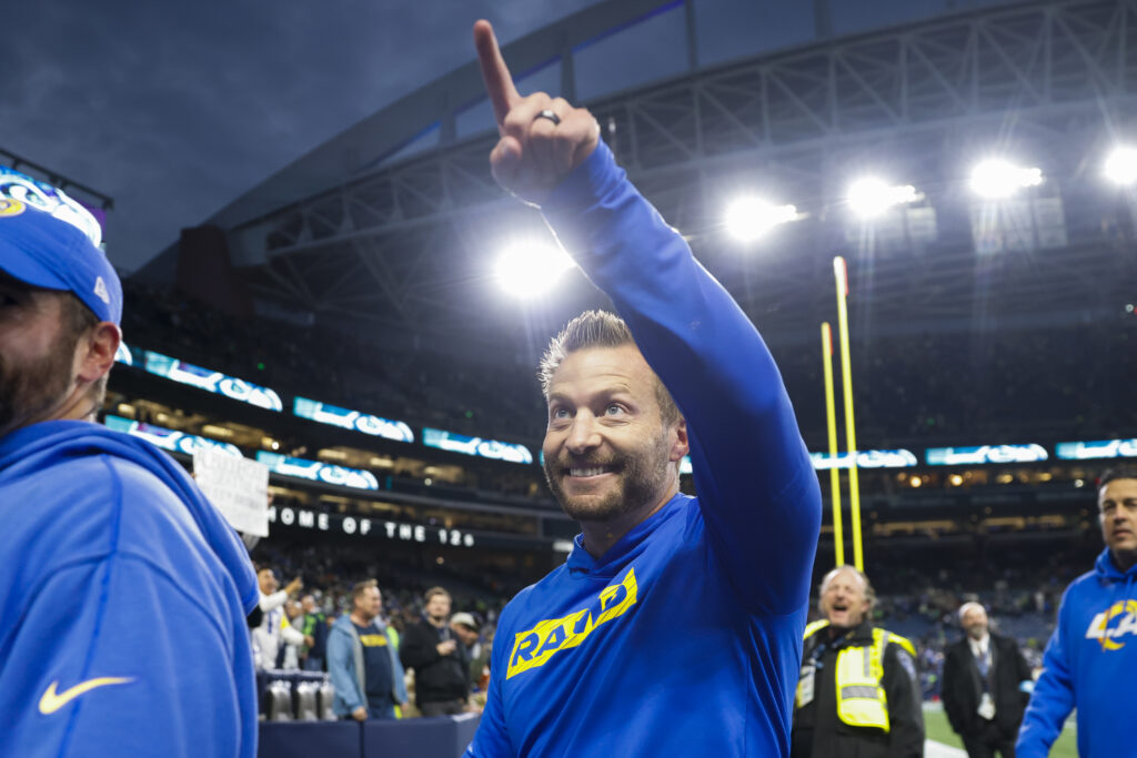 
Los Angeles Rams head coach Sean McVay points to fans while walking to the locker room following an overtime victory against the Seattle Seahawks at Lumen Field.