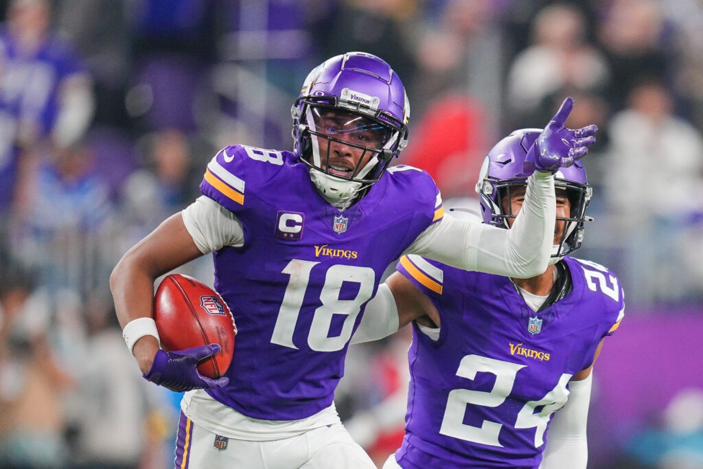 Minnesota Vikings wide receiver Justin Jefferson celebrates catching the onside kick against the Indianapolis Colts in the fourth quarter at U.S. Bank Stadium.