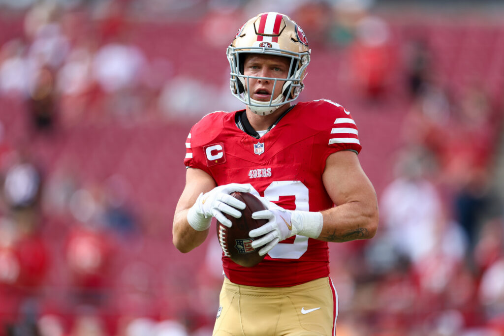 San Francisco 49ers running back Christian McCaffrey warms up before a game against the Tampa Bay Buccaneers at Raymond James Stadium.