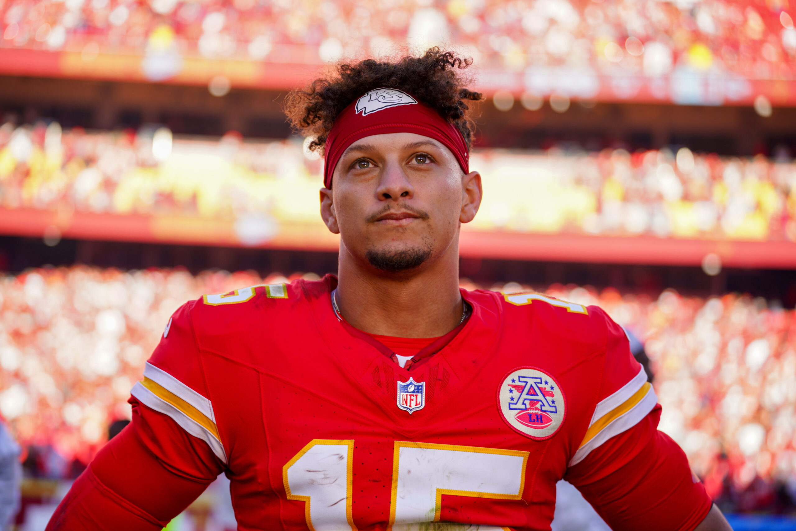 Kansas City Chiefs quarterback Patrick Mahomes (15) speaks to media after the win over the Denver Broncos at GEHA Field at Arrowhead Stadium.