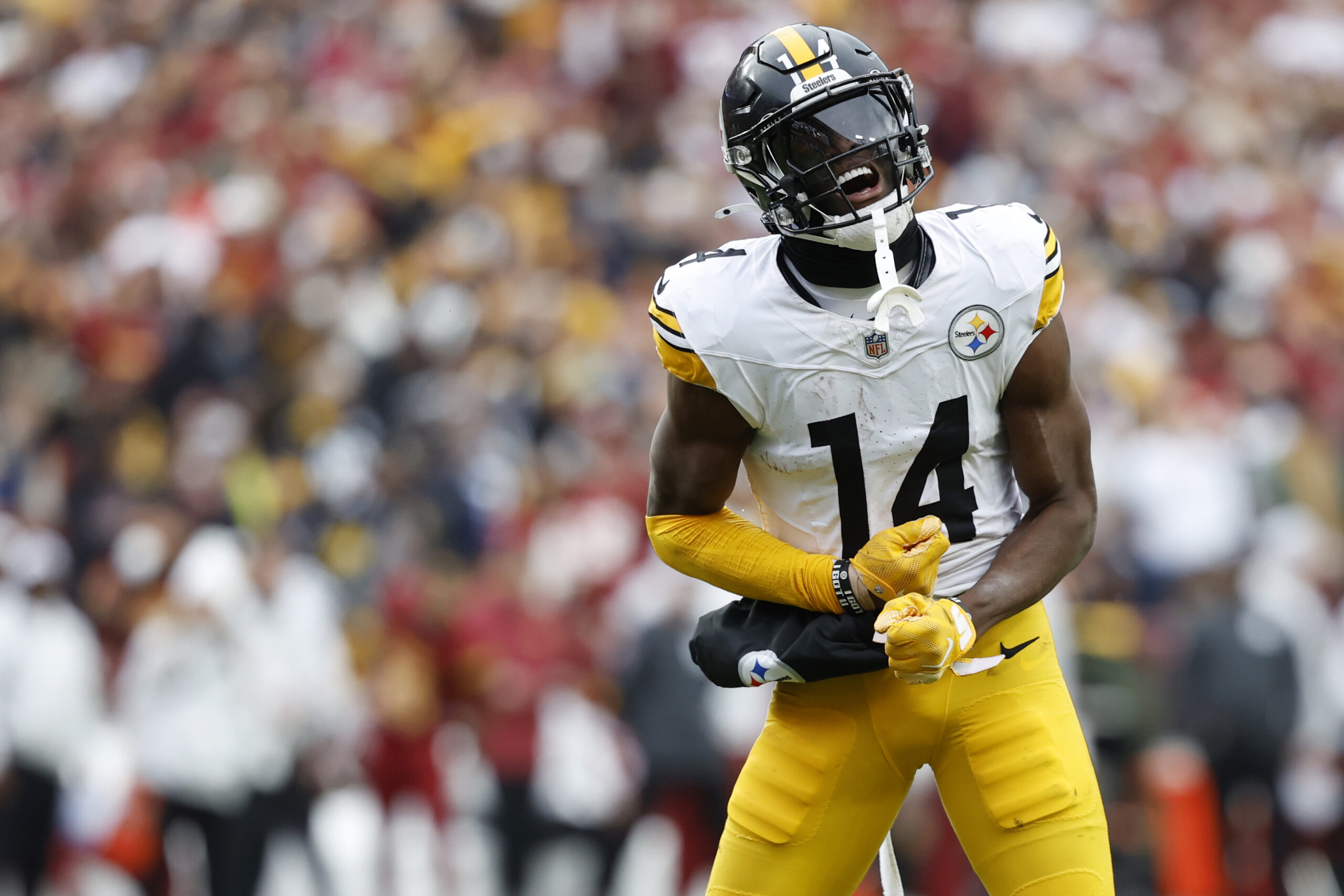 Pittsburgh Steelers wide receiver George Pickens (14) celebrates after making a catch against the Washington Commanders during the second half at Northwest Stadium.