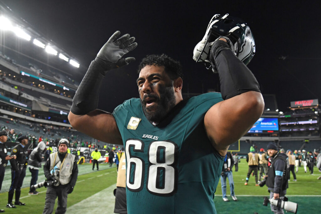 Philadelphia Eagles offensive tackle Jordan Mailata (68) walks off the field after win against the Washington Commanders at Lincoln Financial Field.