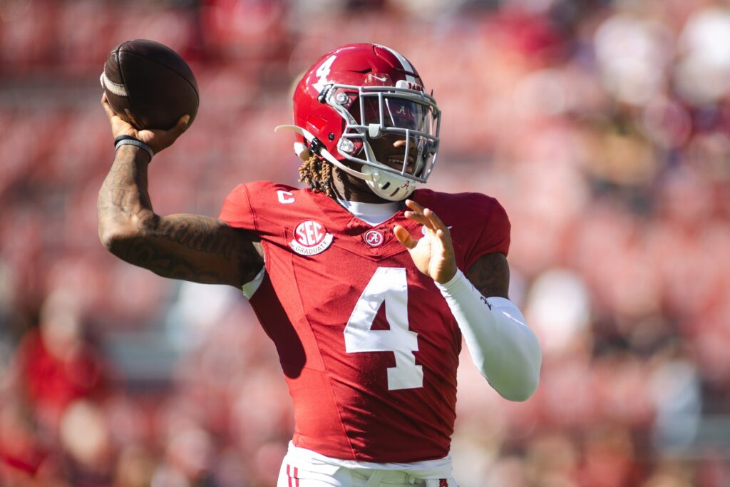 Alabama Crimson Tide quarterback Jalen Milroe (4) prepares to throw during warmups prior to a game against Mercer Bears at Bryant-Denny Stadium.