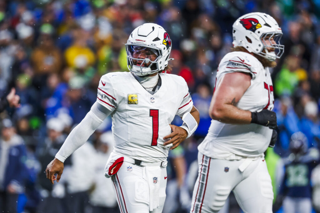 Arizona Cardinals quarterback Kyler Murray (1) reacts following a third down play against the Seattle Seahawks during the fourth quarter at Lumen Field.