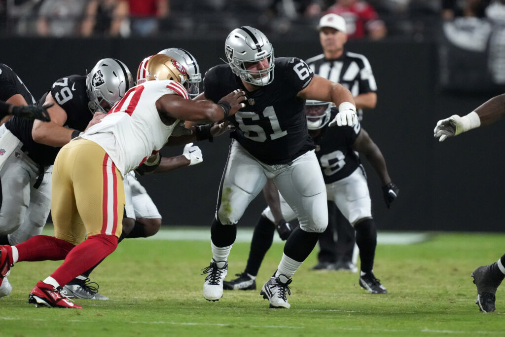 Las Vegas Raiders guard Jordan Meredith (61) against the San Francisco 49ers in the first half at Allegiant Stadium. 
