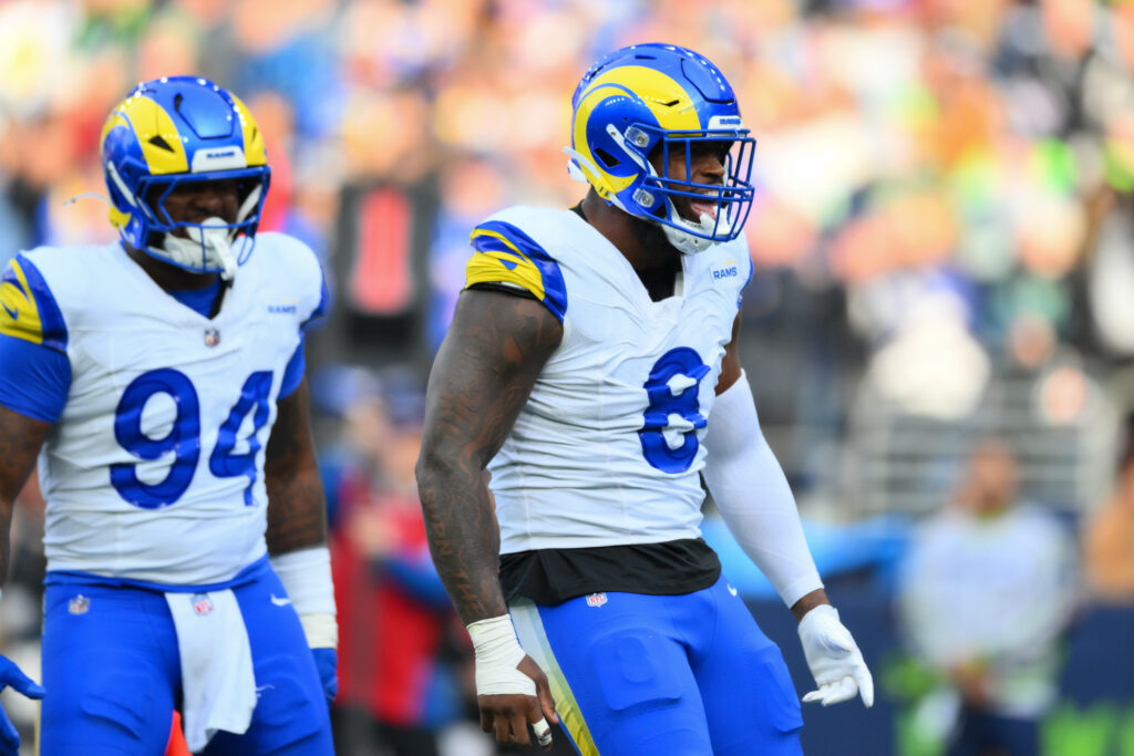Los Angeles Rams linebacker Jared Verse (8) celebrates after sacking Seattle Seahawks quarterback Geno Smith (7) (not pictured) during the first half at Lumen Field.