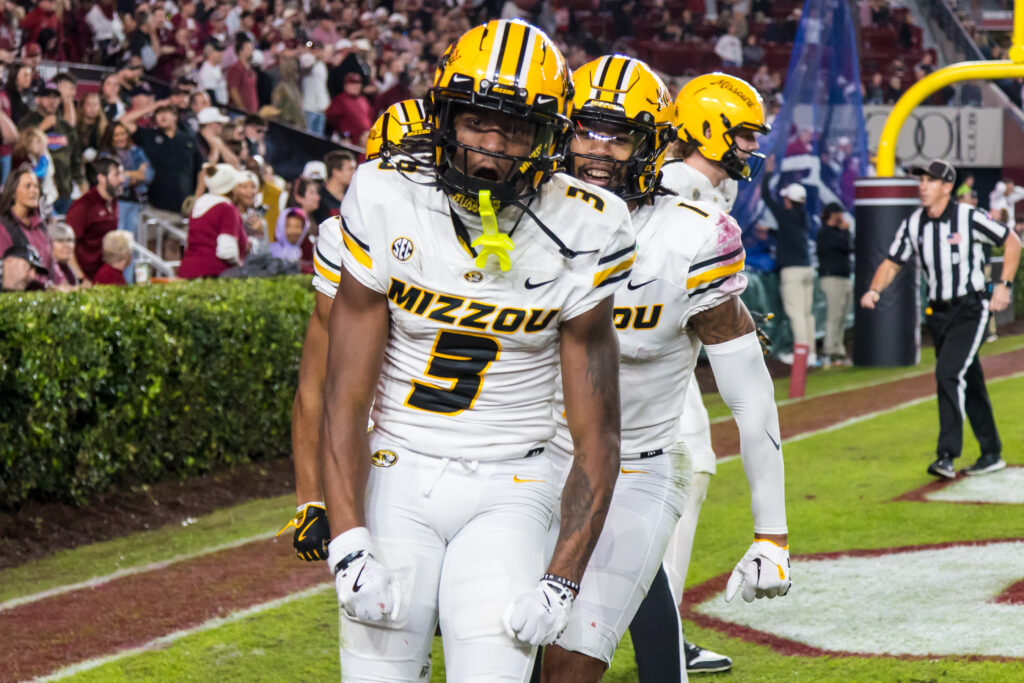 Missouri Tigers wide receiver Luther Burden III (3) celebrates a touchdowns in the fourth quarter against the South Carolina Gamecocks at Williams-Brice Stadium.
