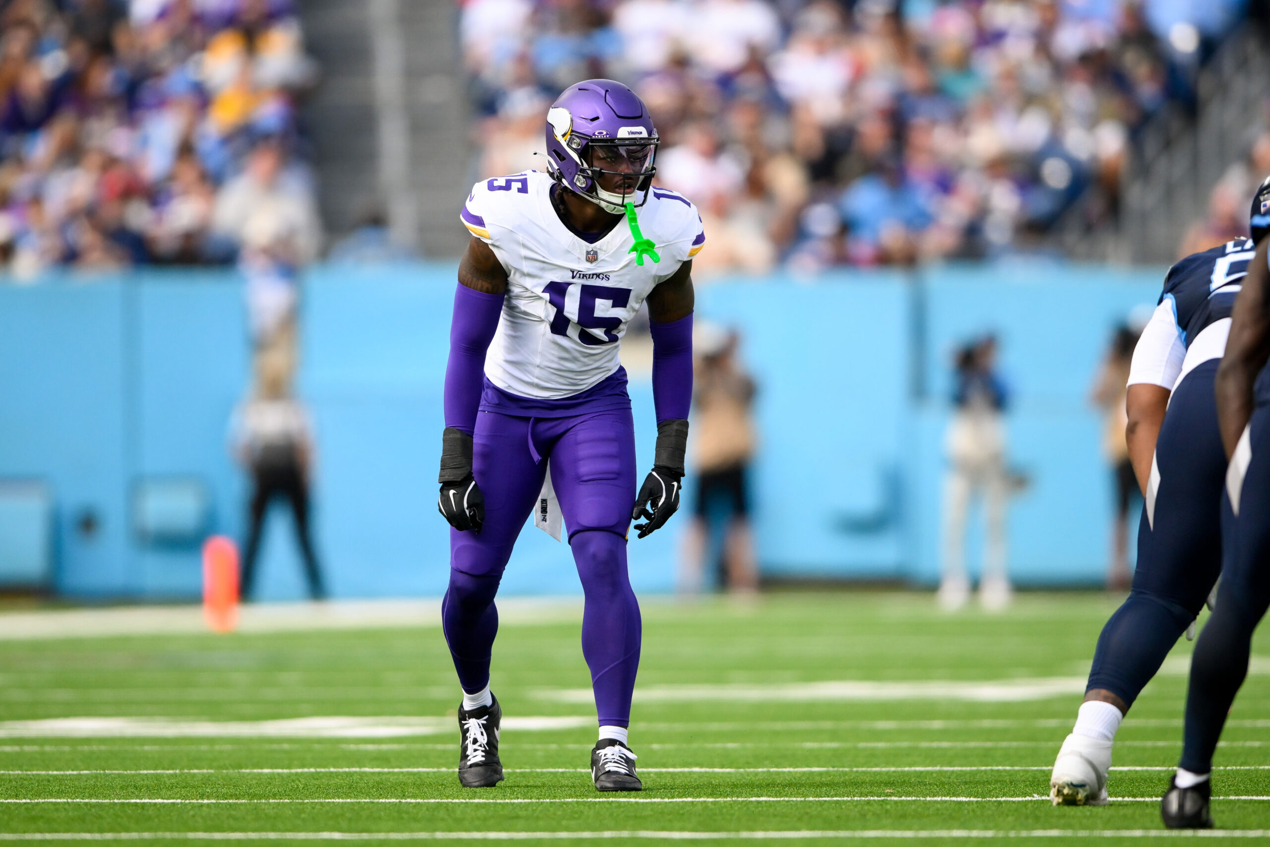 Minnesota Vikings linebacker Dallas Turner (15) against the Tennessee Titans during the first half at Nissan Stadium.