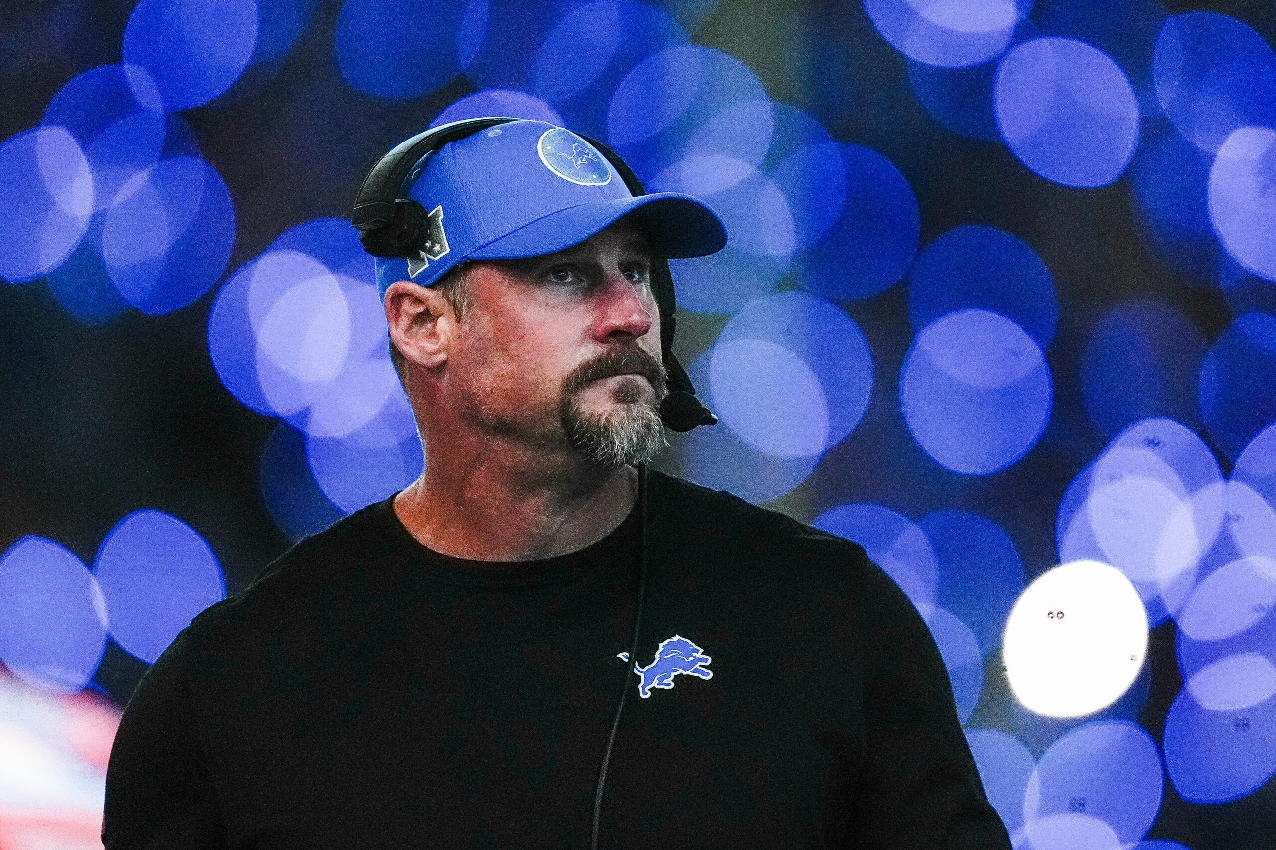 Detroit Lions head coach Dan Campbell looks on at a timeout against Chicago Bears during the second half at Ford Field in Detroit