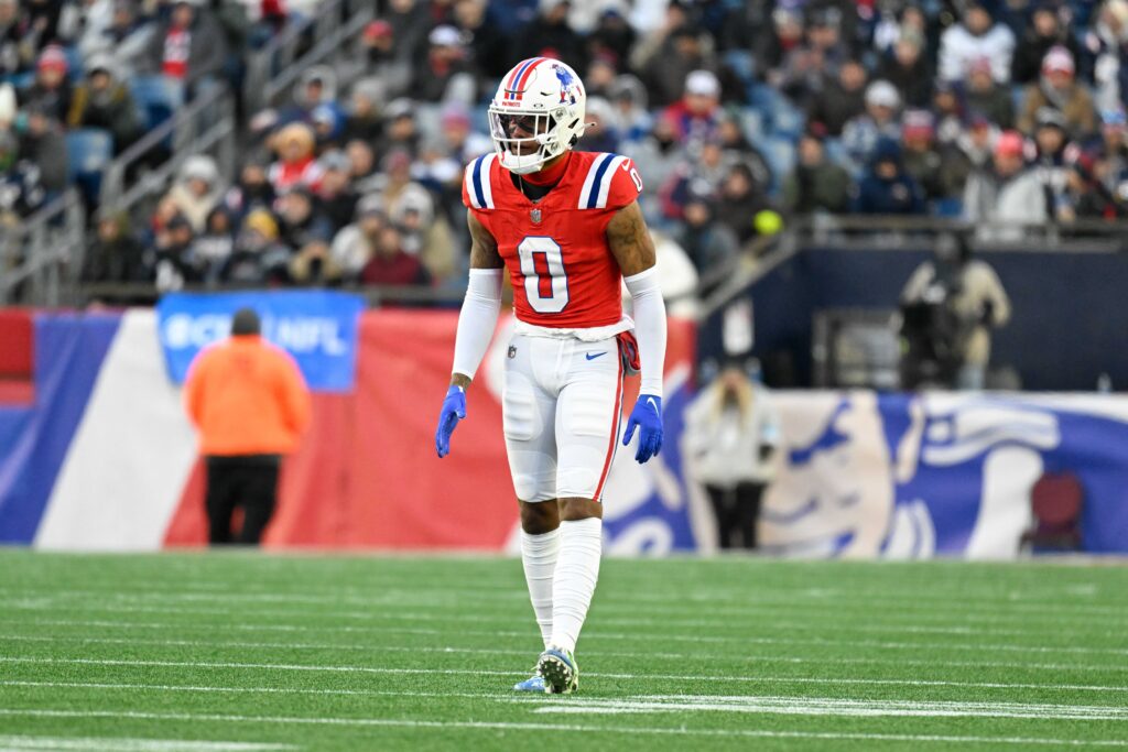 New England Patriots cornerback Christian Gonzalez (0) lines up during the second half against the Indianapolis Colts at Gillette Stadium.