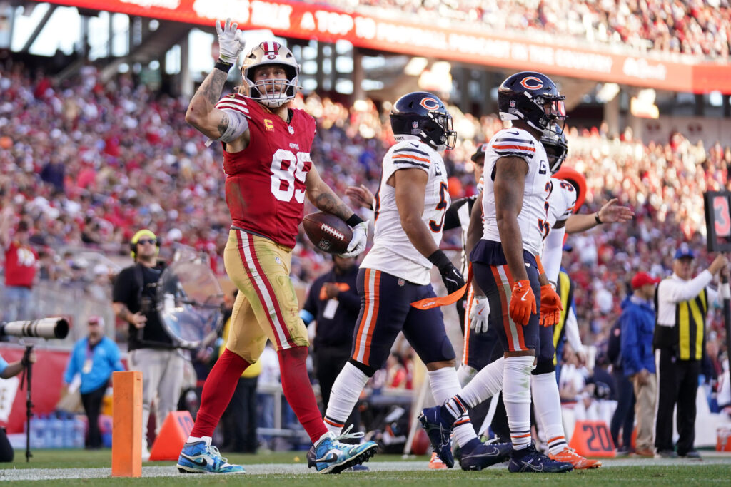 San Francisco 49ers tight end George Kittle (85) reacts after catching a pass for a first down against the Chicago Bears in the third quarter at Levi's Stadium. 