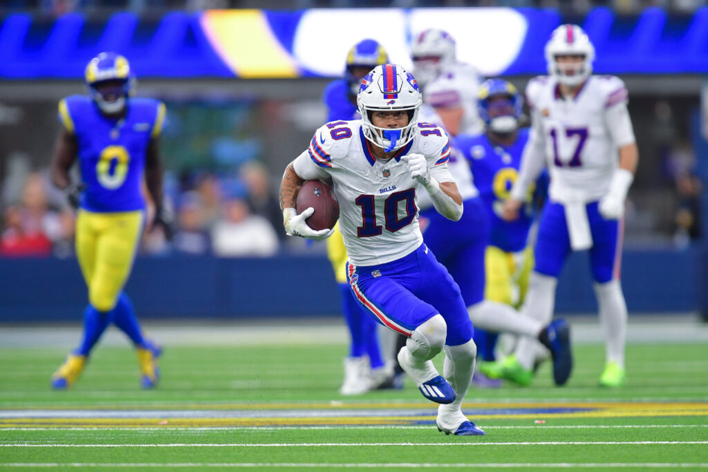 Buffalo Bills wide receiver Khalil Shakir (10) runs the ball for a touchdown against the Los Angeles Rams during the second half at SoFi Stadium. 