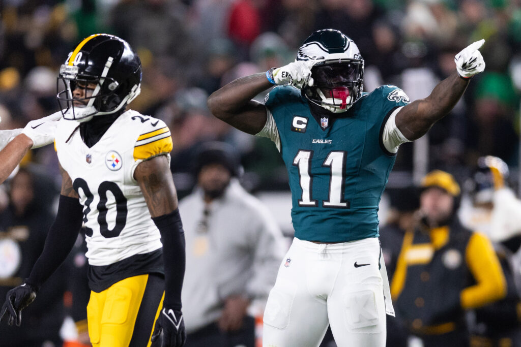 Philadelphia Eagles wide receiver A.J. Brown (11) reacts in front of Pittsburgh Steelers cornerback Cameron Sutton (20) after his first down catch during the second quarter at Lincoln Financial Field. 