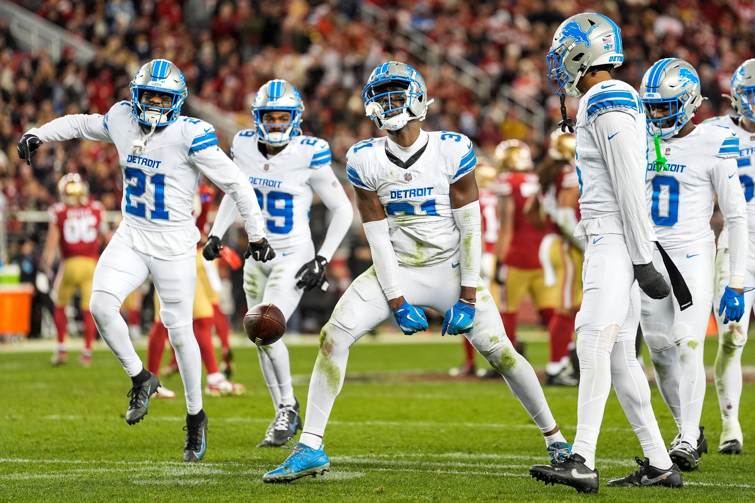 Detroit Lions safety Kerby Joseph (31) celebrates an interception against San Francisco 49ers during the second half at Levi's Stadium.
