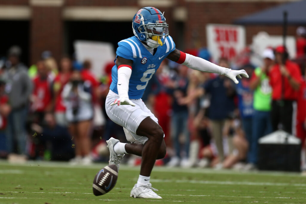 Mississippi Rebels defensive back Trey Amos (9) reacts after breaking up a pass during the first half against the Kentucky Wildcats.