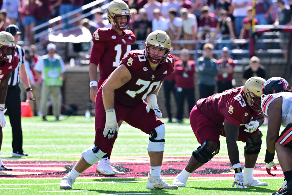 Boston College Eagles offensive lineman Ozzy Trapilo (70) waits for the snap during the second half against the Western Kentucky Hilltoppers at Alumni Stadium. 