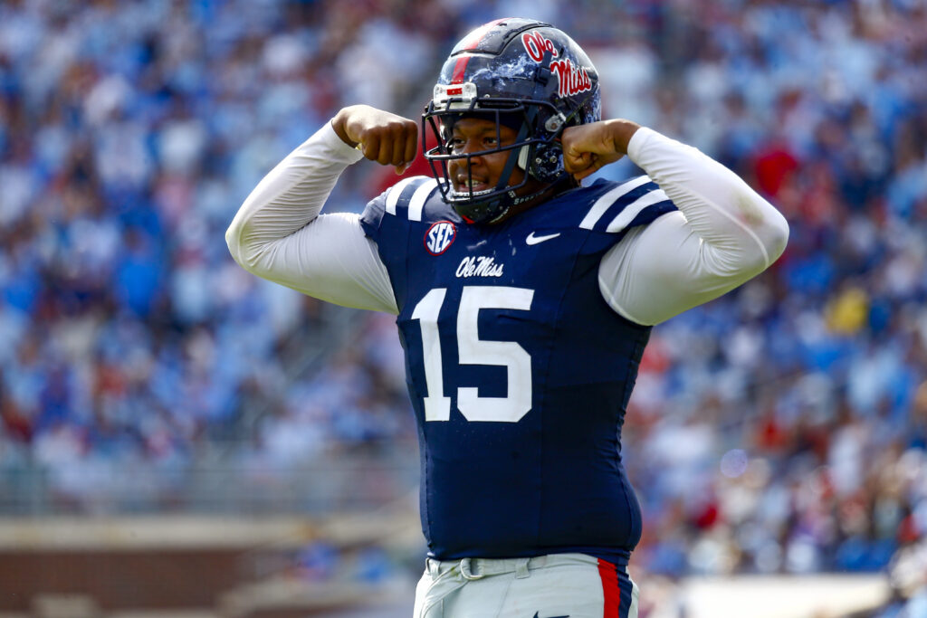 Mississippi Rebels defensive end Jared Ivey (15) flexes during the second half against the Oklahoma Sooners at Vaught-Hemingway Stadium.