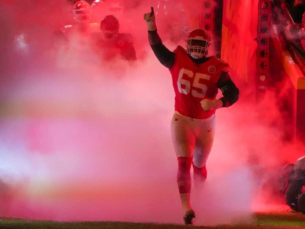 Kansas City Chiefs guard Trey Smith (65) is introduced against the Tampa Bay Buccaneers prior to a game at GEHA Field at Arrowhead Stadium.