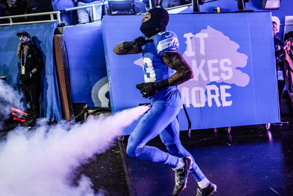 Detroit Lions cornerback Carlton Davis III (23) walks out the tunnel during the start of the Thursday Night Football against Green Bay Packers at Ford Field in Detroit.