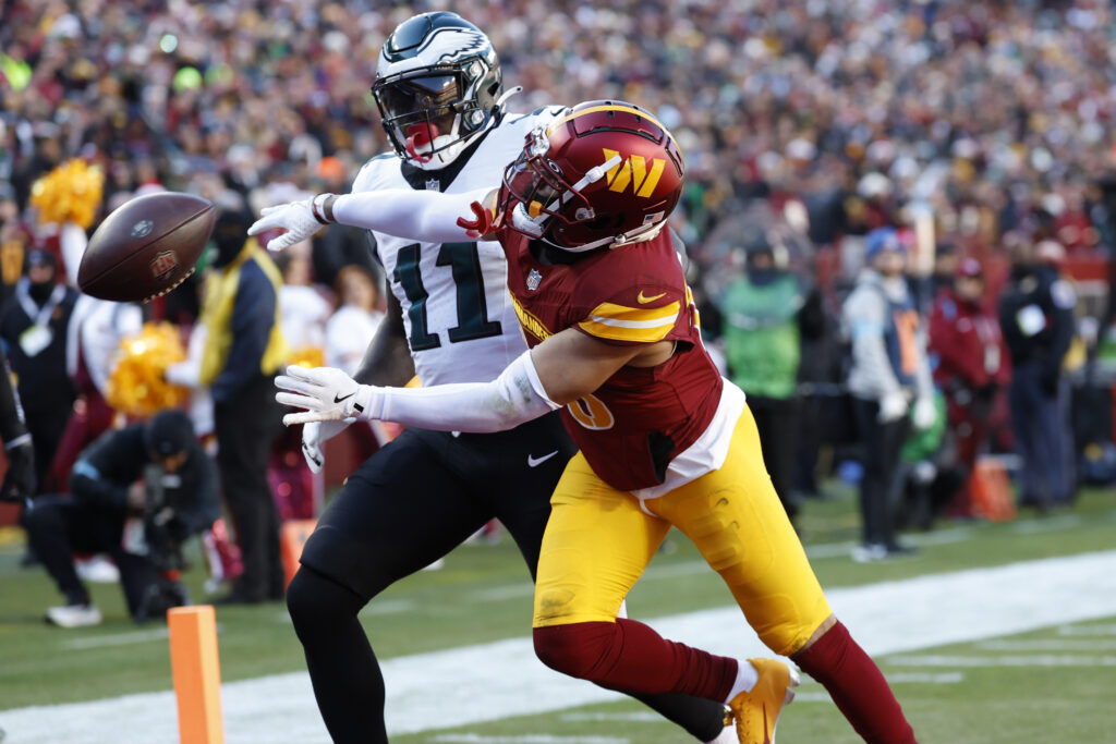 Washington Commanders cornerback Marshon Lattimore (23) defends a pass intended for Philadelphia Eagles wide receiver A.J. Brown (11) during the first quarter. 