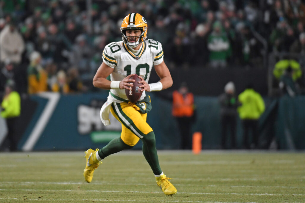 Green Bay Packers quarterback Jordan Love (10) against the Philadelphia Eagles in an NFC wild card game at Lincoln Financial Field.